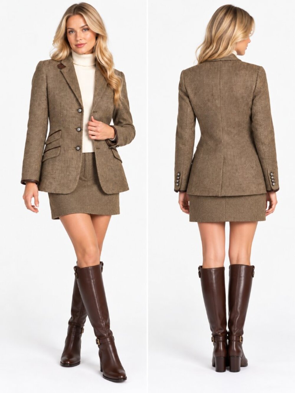 Lauren Ralph Lauren 4P Wool Silk Herringbone Tweed Equestrian Blazer Brown - Picture 14 of 15